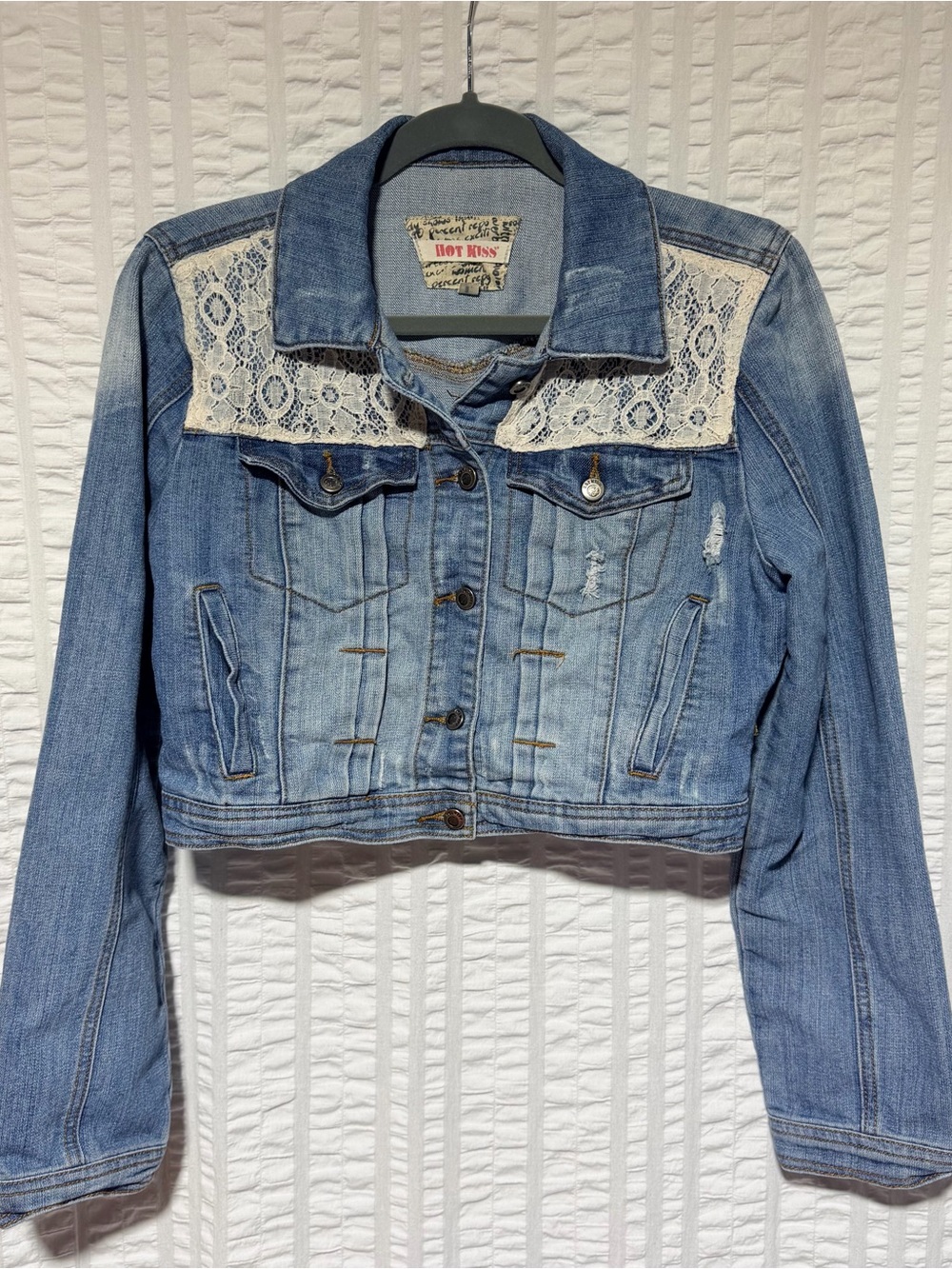 Hot Kiss Blue Denim Jacket with White Lace Yoke